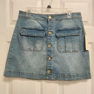 Copper Key Light Blue Button-Front Mini Skirt